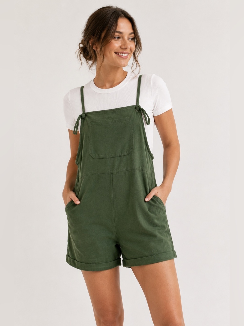 Cider Olive Green Tie Strap Overall Romper Shortalls Casual Size Small